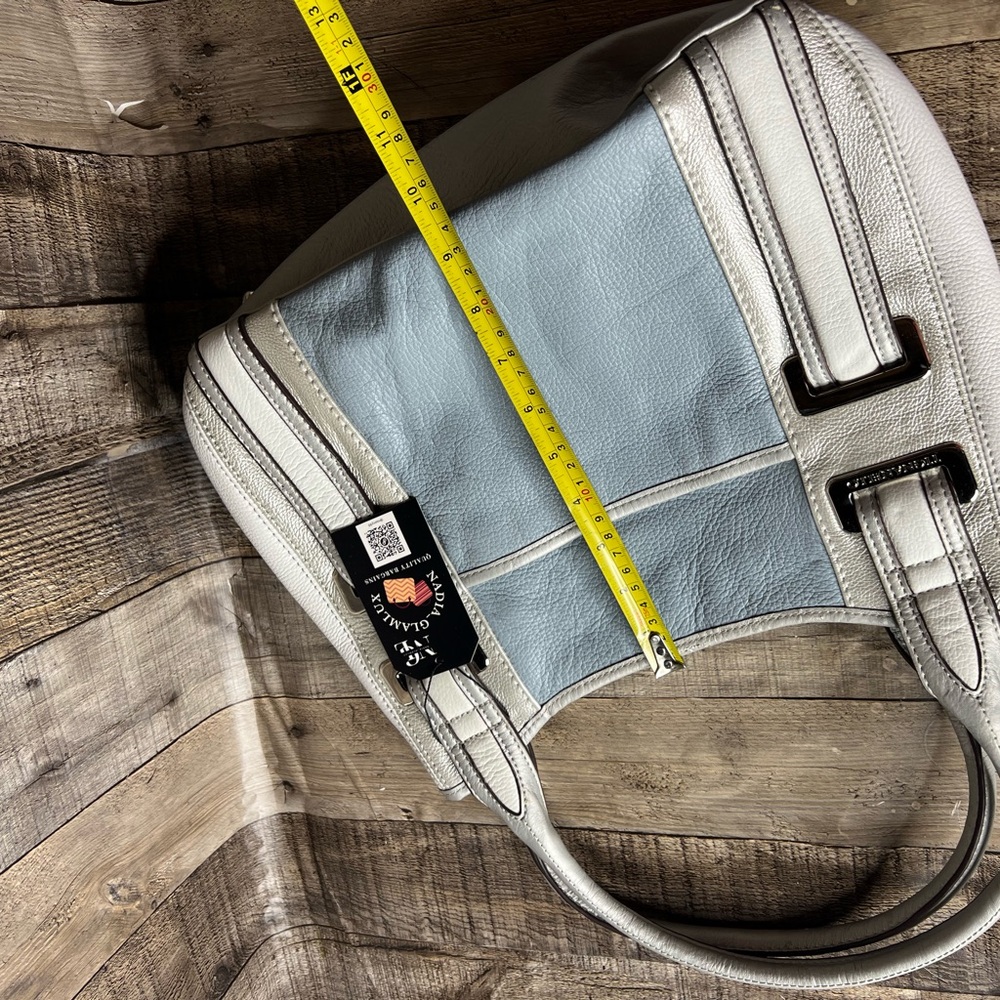 TIGNANELLO Silver Blue Colorblock Leather Satchel Shoulder Bag Belt Accents - Picture 15 of 16